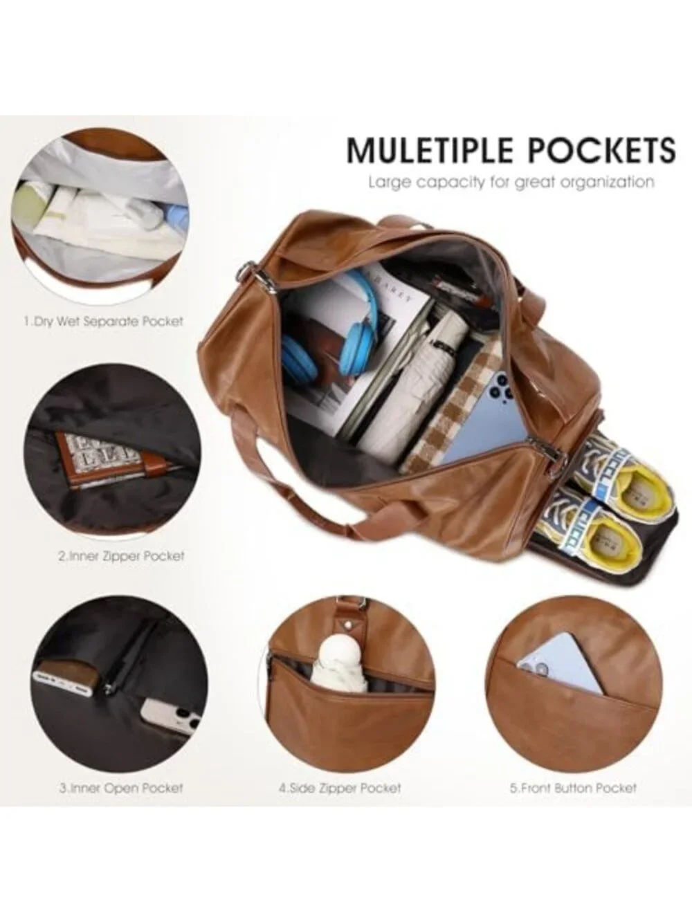 3PCS Faux Leather Weekender Travel Bag Set for Men & Women - Stylish Overnight
